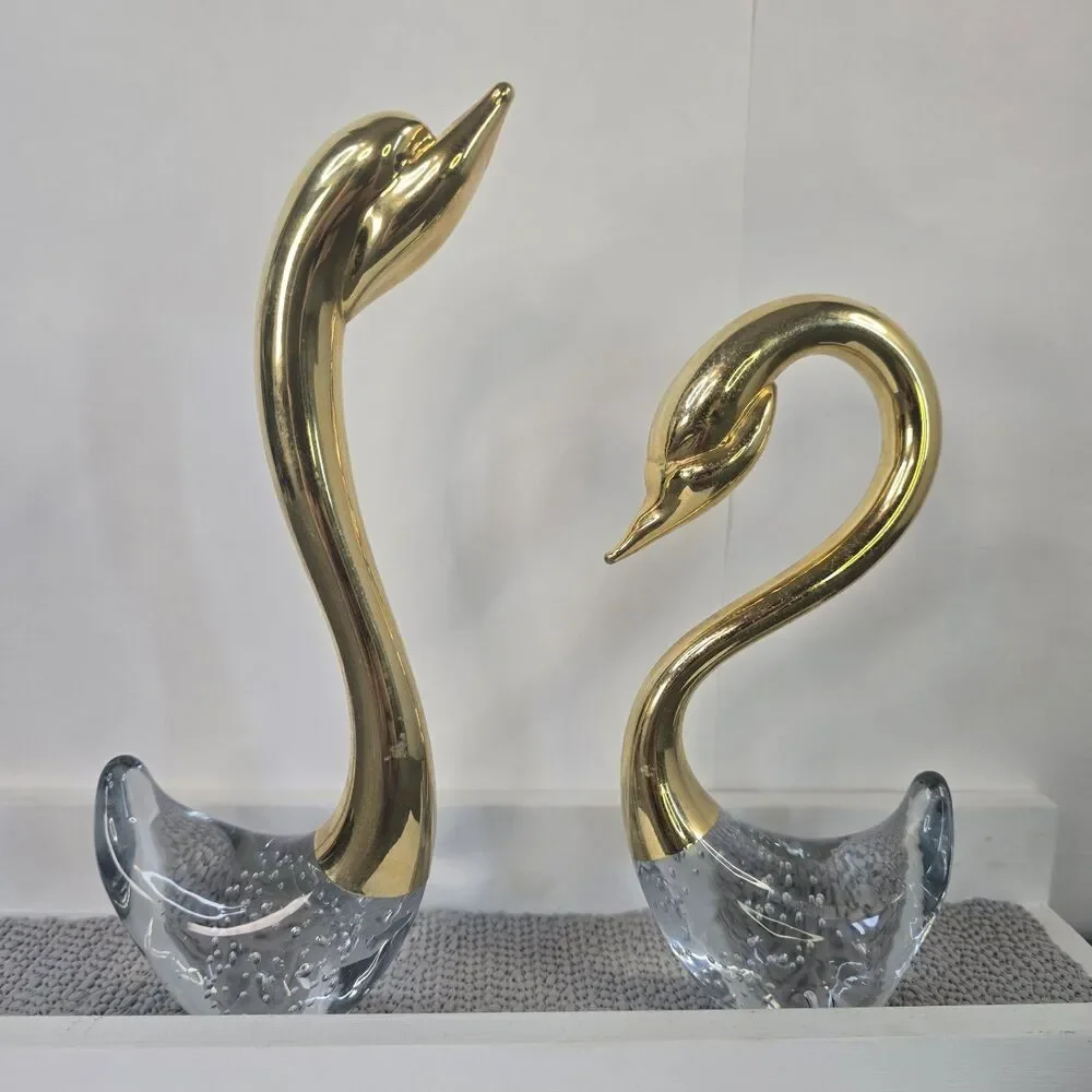 Set of 2 Glass and Brass Swan Figurines Vintage Decoration